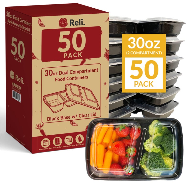 Reli. Meal Prep Containers, 30 oz. (50 Pack) - Black 2 Compartment Food Container with Lid, Microwavable Food Storage | Black Reusable Bento Box/Lunch Box for Meal Prep (30 oz) - Image 1